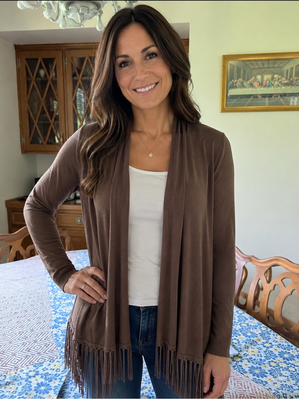 Chelsea & Theodore Acorn Husk Brown Open Cardigan with Fringe -Small